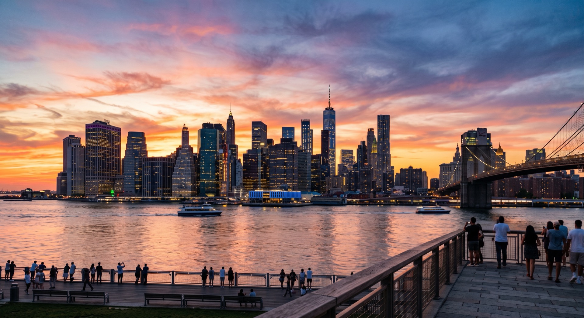 Lower Manhattan skyline at sunset, viewed across the water, with One World Trade Center