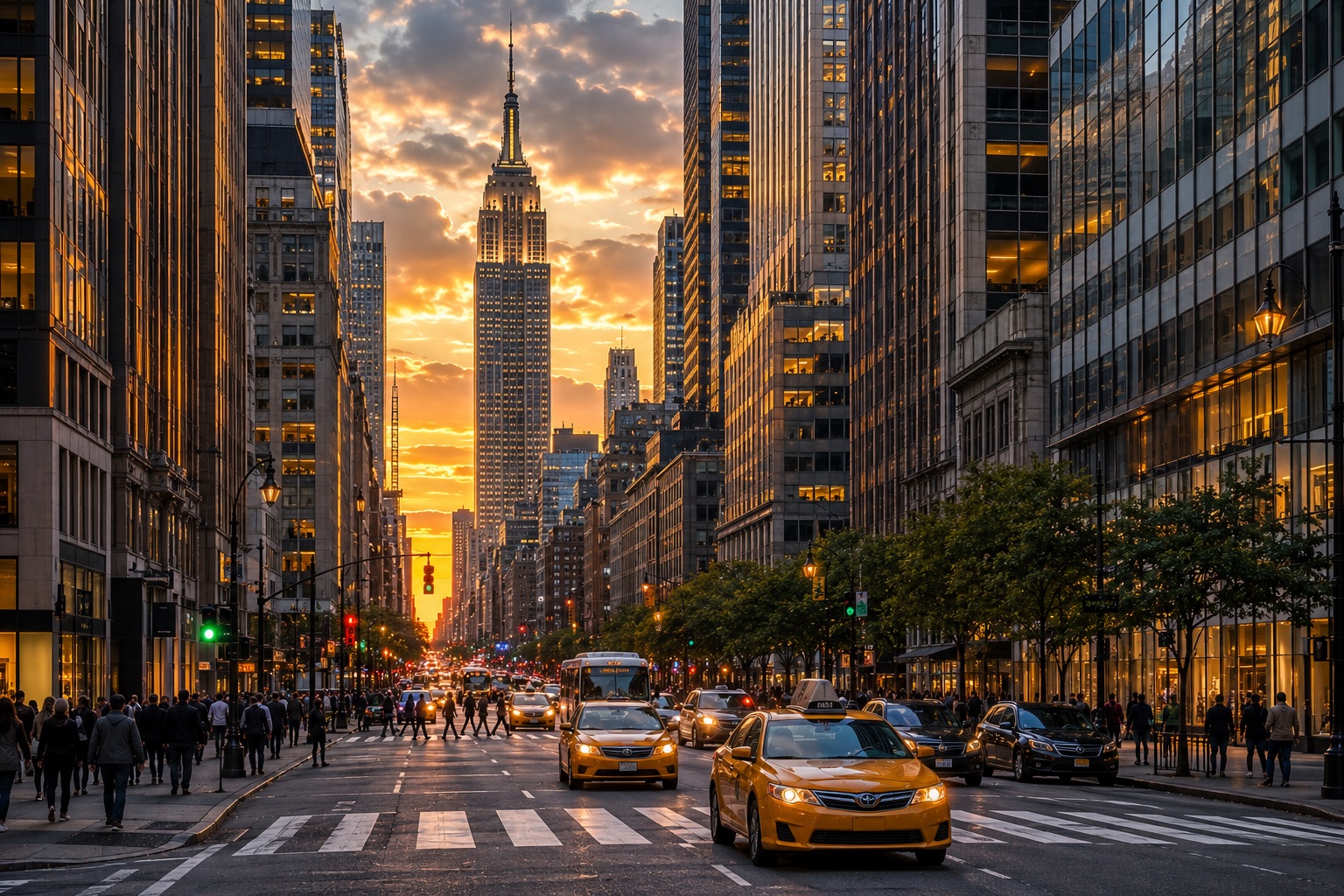 A New York City avenue at sunset with taxis in the foreground and the Empire State Building down the street