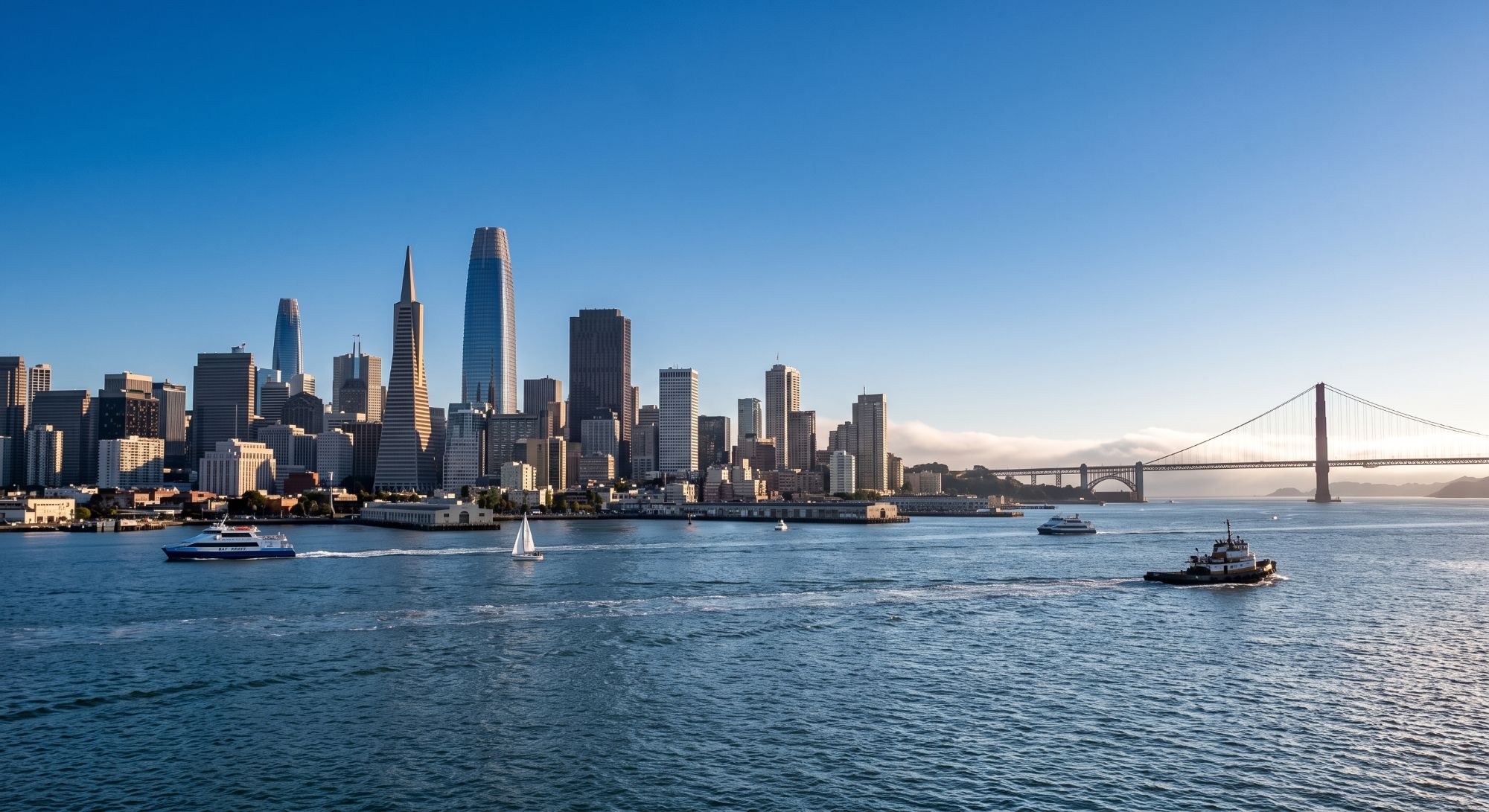 San Francisco skyline and bay with the Golden Gate Bridge and sailboats under a clear blue sky