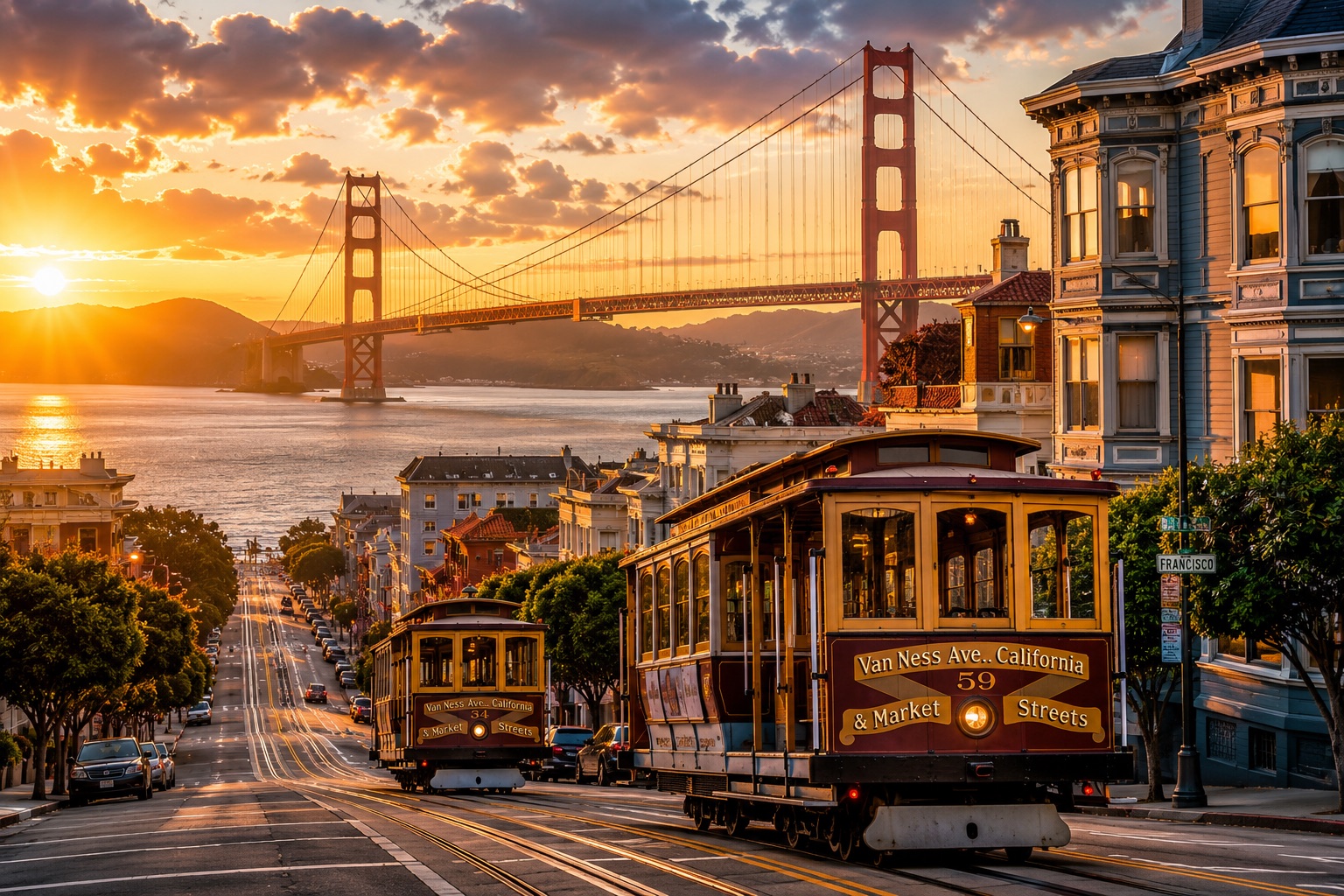 San Francisco cable cars on a hill at sunset with the Golden Gate Bridge in the background
